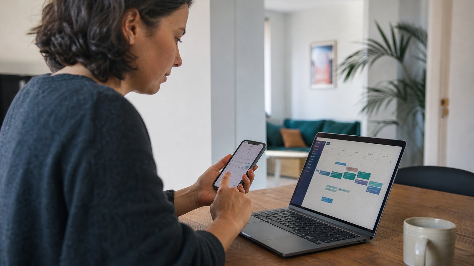 Agenda professionnel synchronisé entre un téléphone et un ordinateur portable sur un bureau